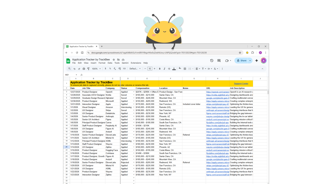 Google Sheets with job appilication history